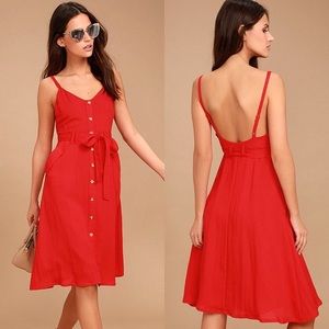 SWEETHEART RED MIDI RED BELTED DRESS